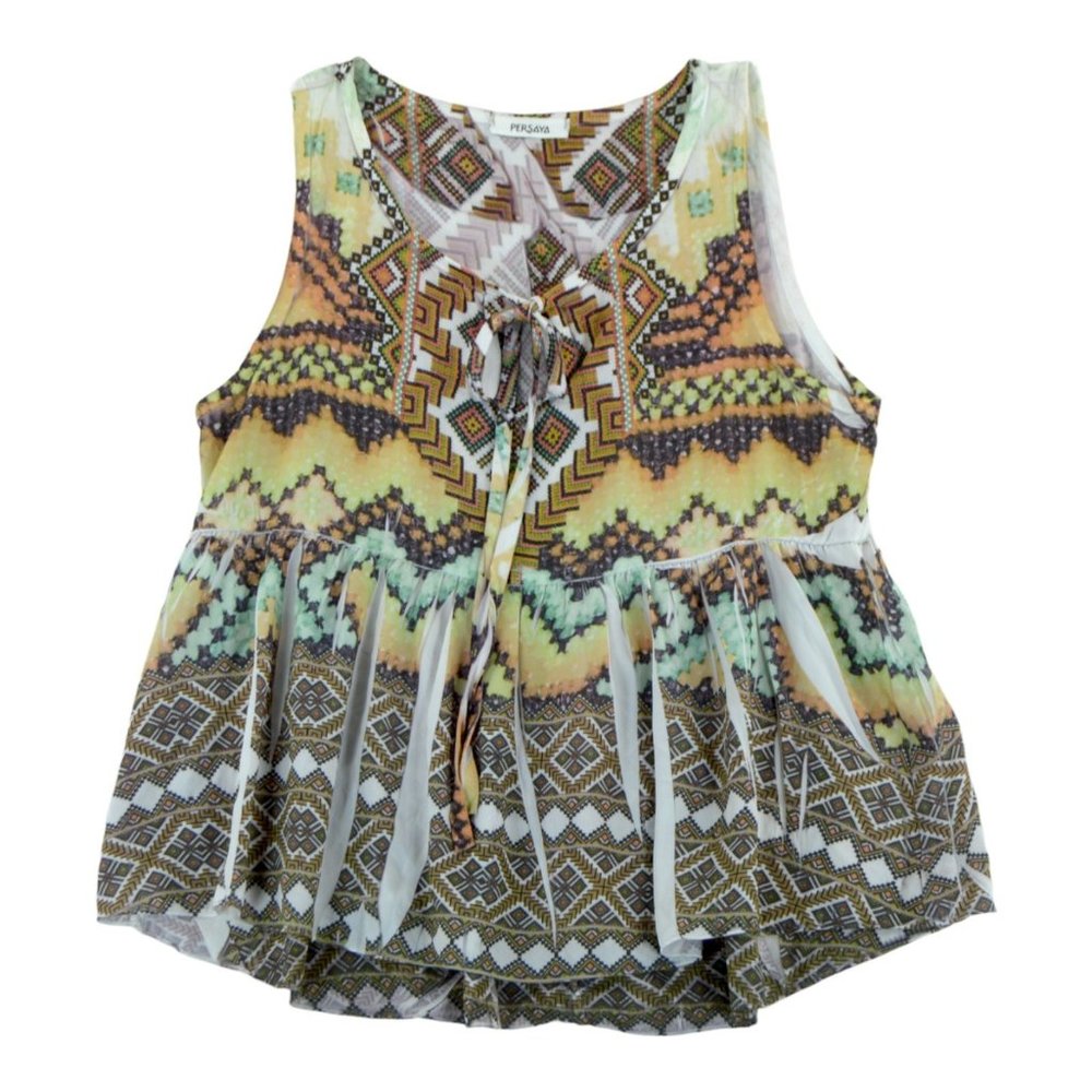 Persaya Multi Patterned Cream‎ Lace Up Top Size Small